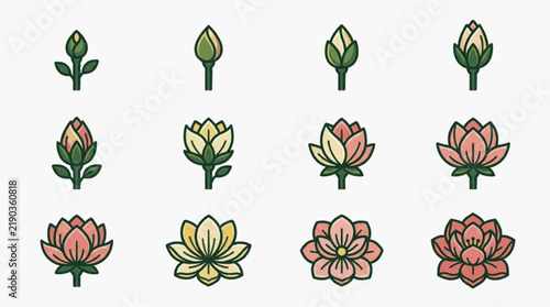 Collection of lotus flower icons showing various blooming stages from bud to full blossom in pink and yellow colors, minimalist flat vector illustration on white background.