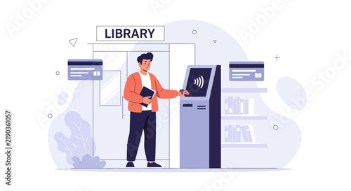 Modern Library Self-Checkout Kiosk with Contactless Payment and Book Return