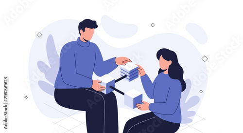 Teamwork and Collaboration concept: two people building blocks of blockchain or data network together.