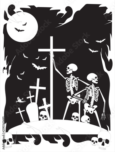 Happy Halloween background. Spooky Graveyard Skeletons Silhouette Art. A high-contrast, black and white graphic illustration featuring a spooky graveyard scene. Two skeletons stand prominently in the 