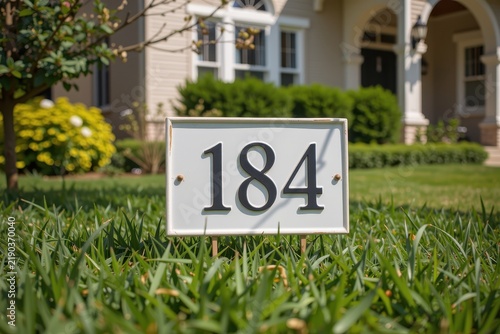 A plain ceramic house number plaque sitting unmounted on a lush green lawn, suburban home background, completely textless.