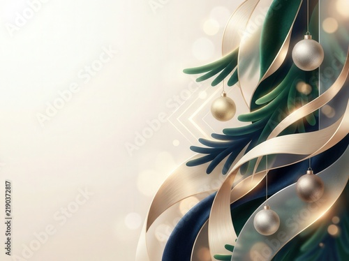 Christmas tree ornaments decorate a stylized festive background.