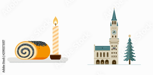 Whimsical snail pastry, candle, clock tower, and Christmas tree illustration