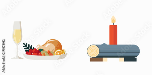 Thanksgiving feast with wine glass and candle on wooden table
