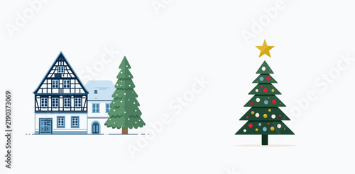 Christmas scene with decorated tree and traditional half-timbered house