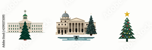 Neoclassical Building with Christmas Tree and Star Decoration