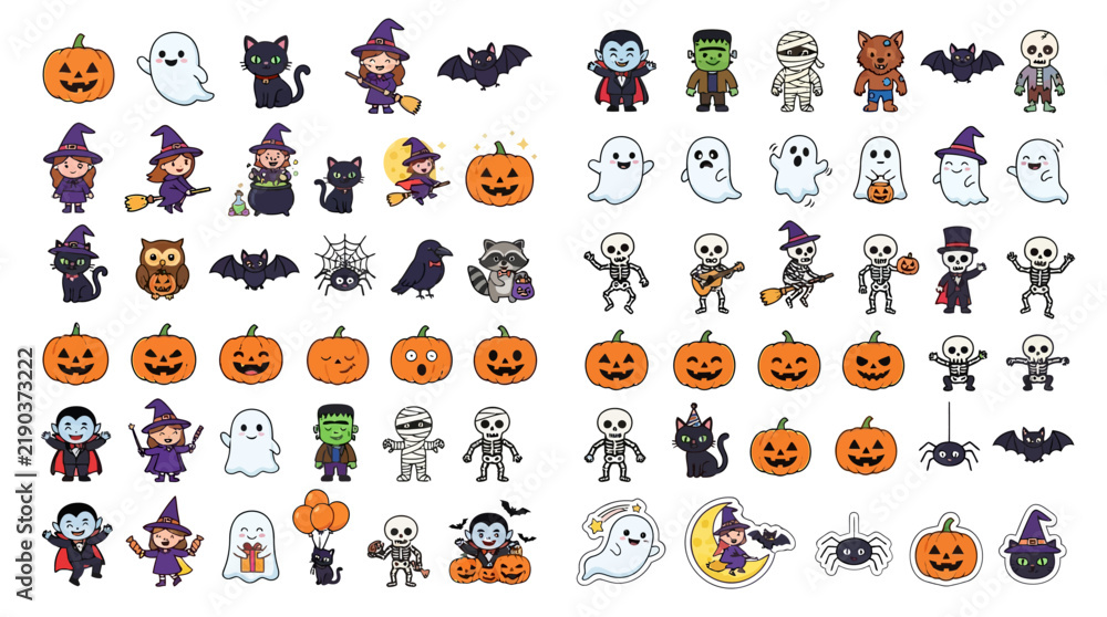 Obraz premium Halloween Vector Character Collection with Witch, Ghost, Pumpkin, Vampire, Skeleton, Bat, Cat and Spooky Cartoon Elements