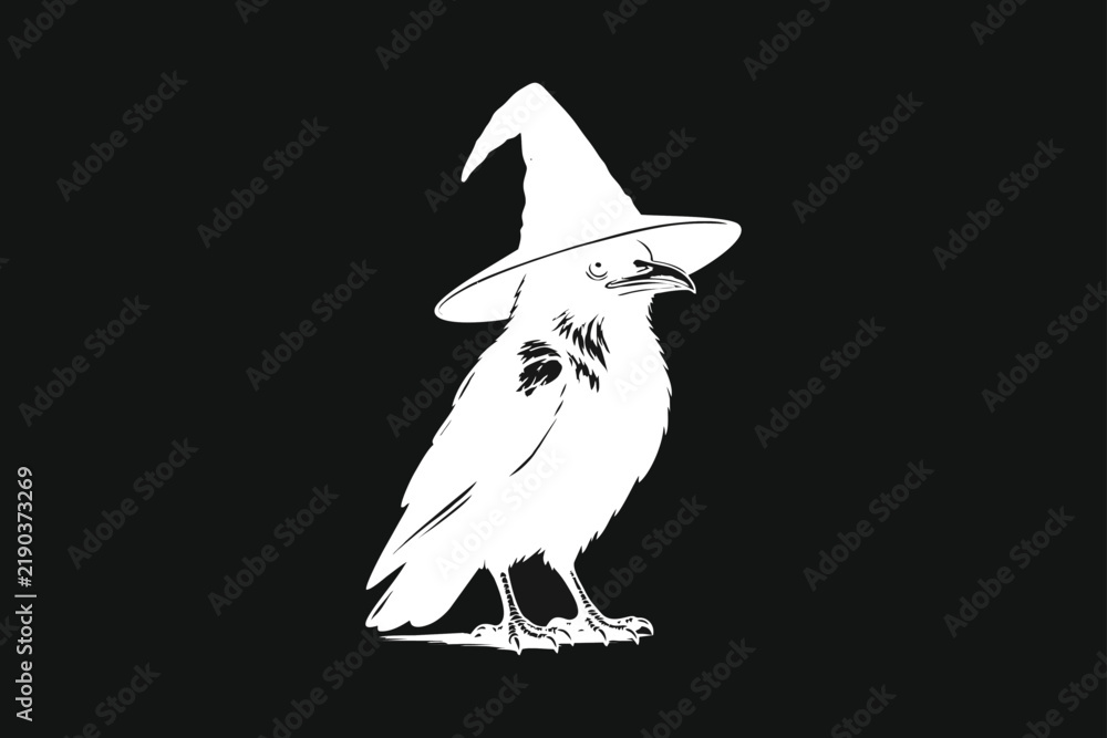 Obraz premium White Crow Wearing Witch Hat Illustration on Black Background