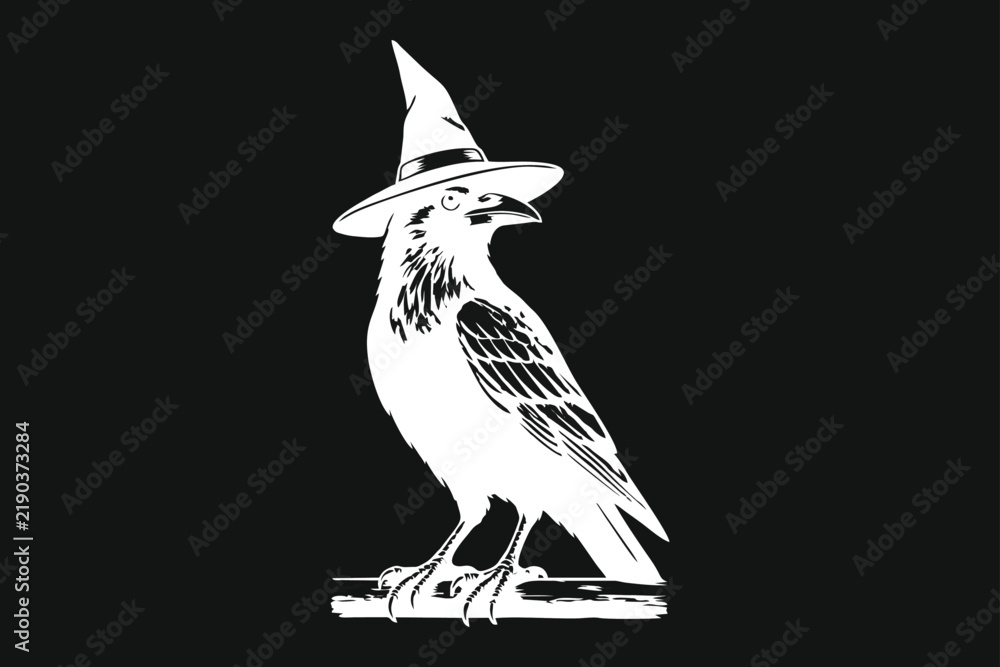Obraz premium White Raven with Witch Hat Illustration Standing on a Perch