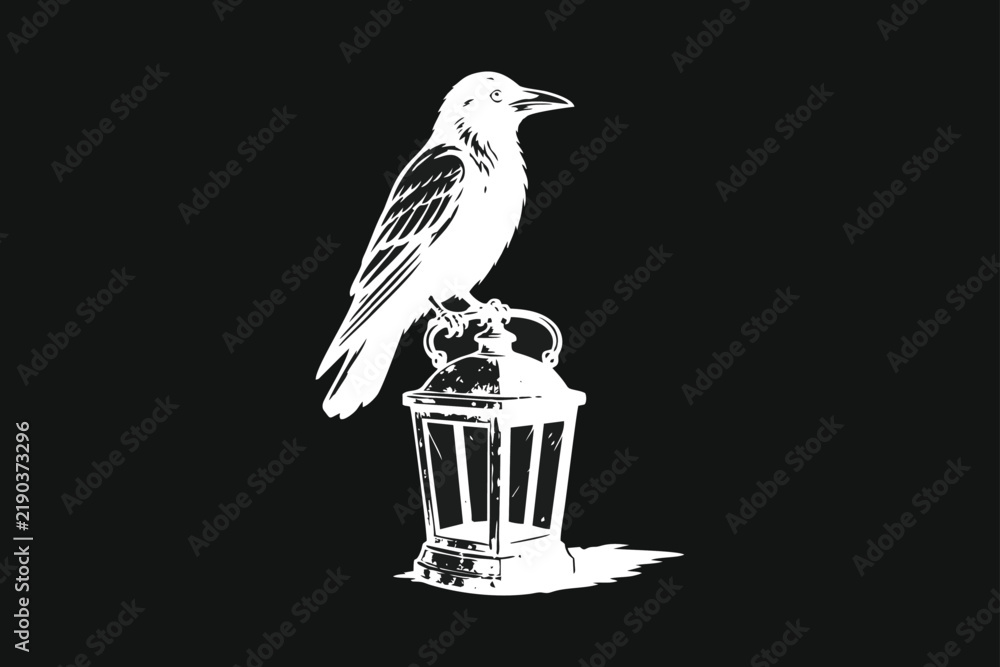 Obraz premium Mysterious Raven Perched on Vintage Lantern - Monochrome Graphic Illustration