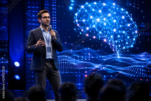 Speaker presents during a conference with a glowing network display behind him