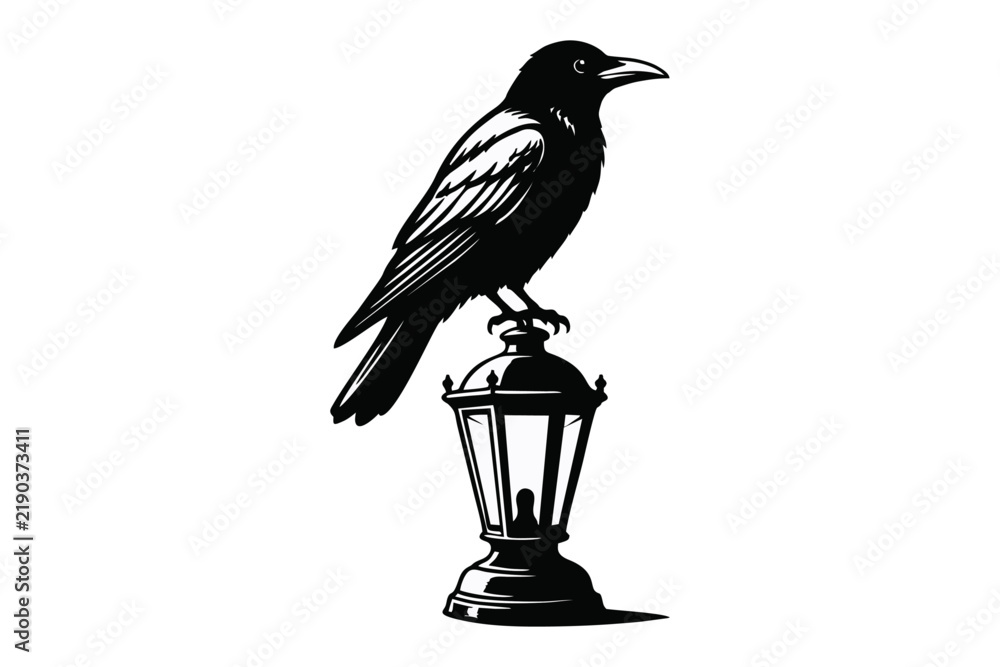 Obraz premium Black Crow Perched on Vintage Lantern in Detailed Silhouette Illustration