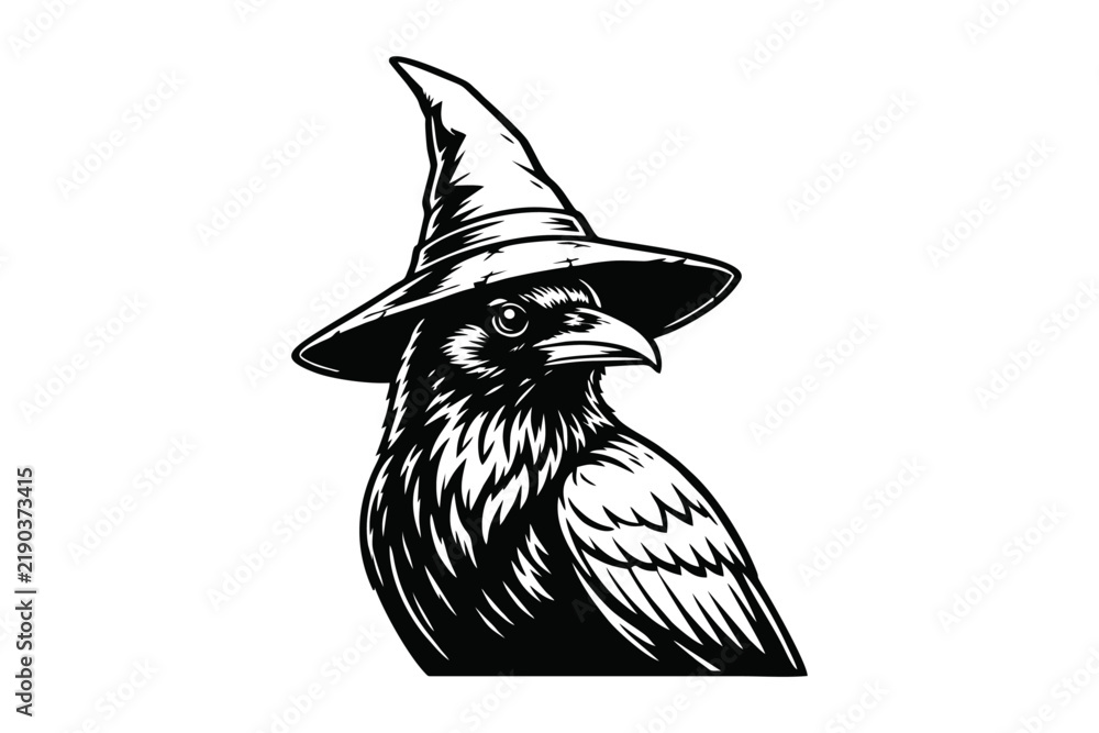 Obraz premium Black Crow in Witch Hat Illustration, Halloween Theme Vector Art