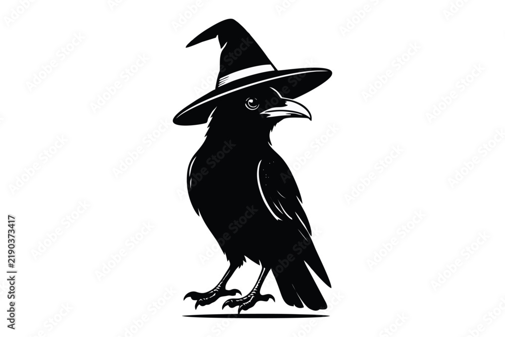 Obraz premium Black Raven Wearing Witch Hat Vector Illustration for Halloween. Spooky bird drawing in witch's pointy hat on white background.