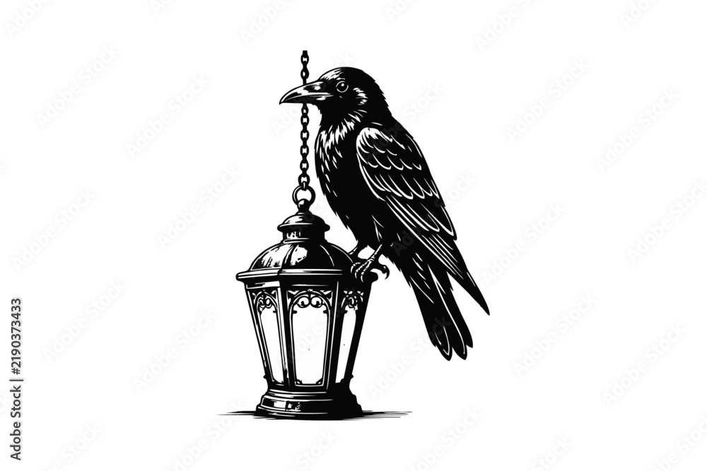 Obraz premium Black and White Illustration of a Raven Perched on a Vintage Hanging Lantern