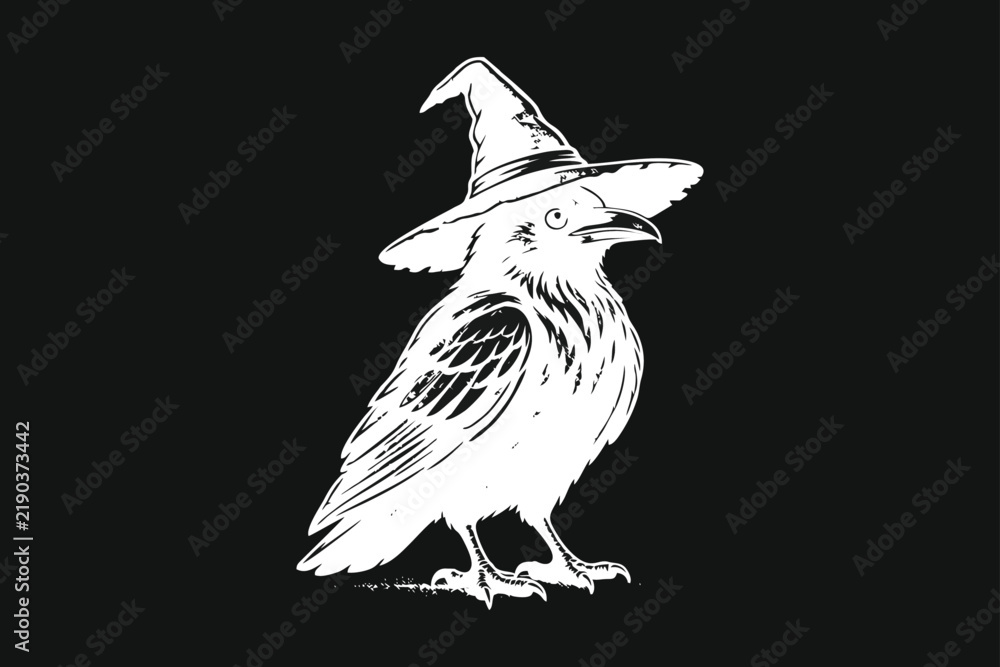 Obraz premium Graphic White Crow or Raven with Witch Hat, Halloween Theme Illustration on Black Background