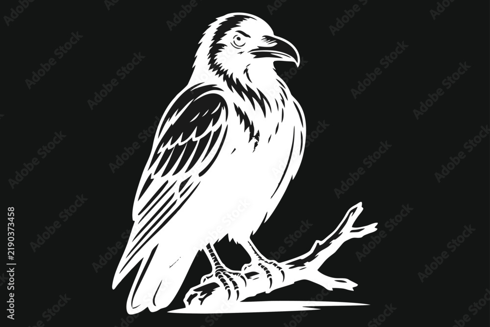 Obraz premium Stylized White Raven Illustration Perched on Tree Branch on Black Background
