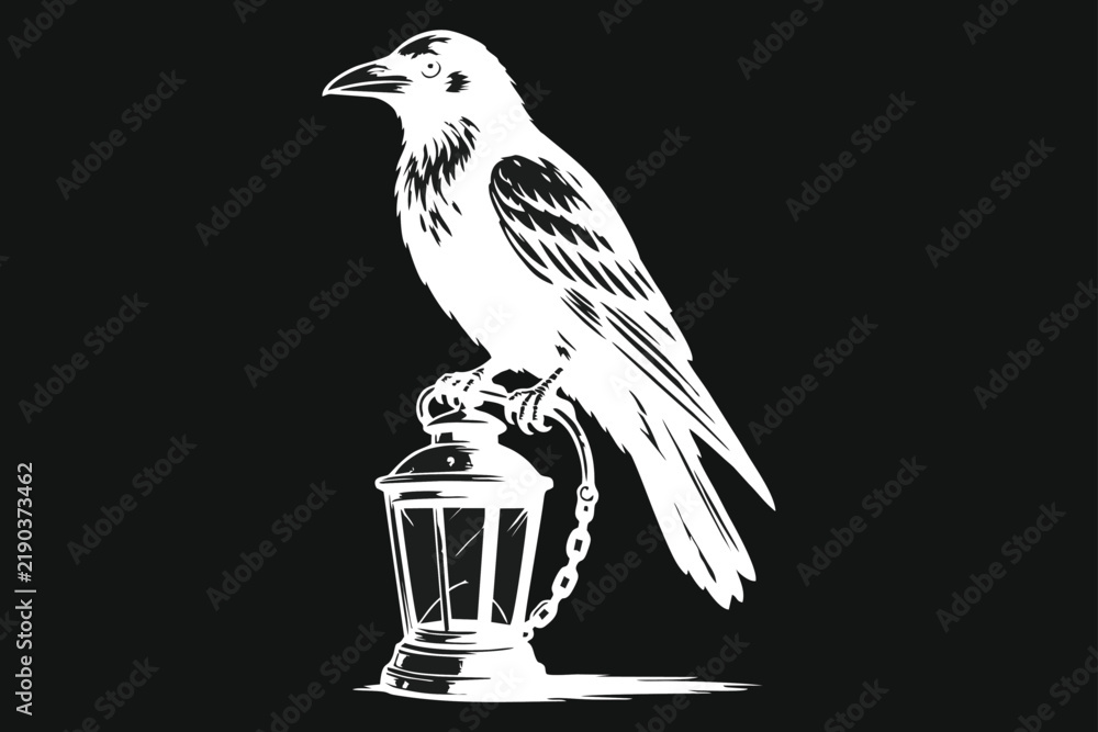 Obraz premium White Raven Perched on Vintage Lantern Vector Illustration with Chain