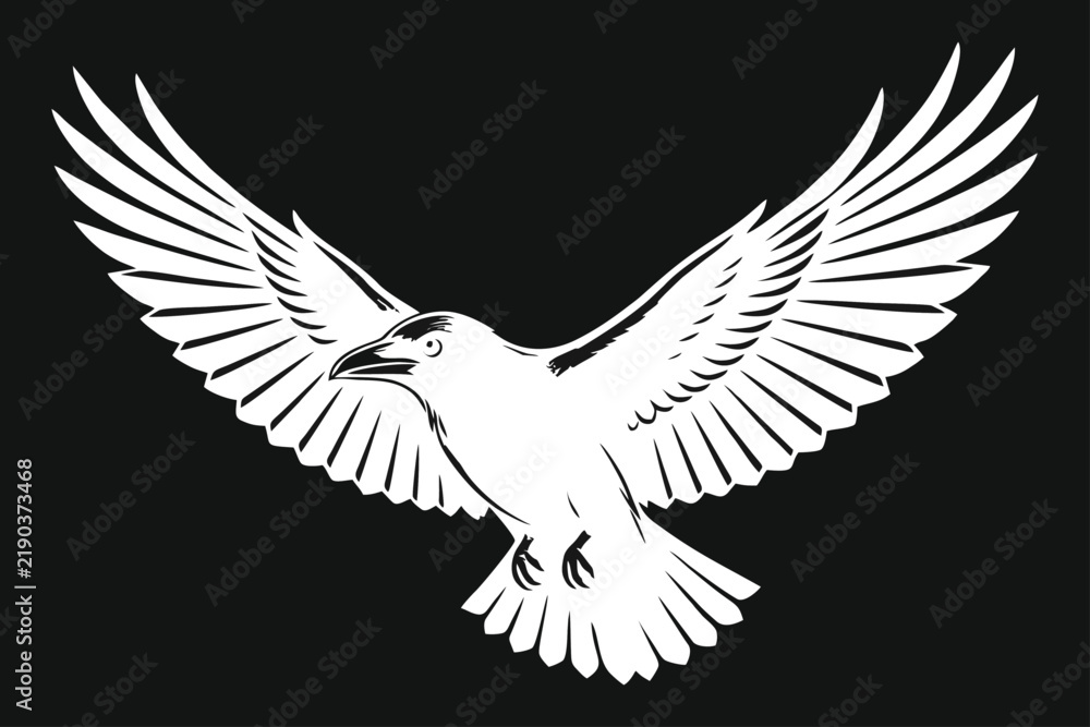 Obraz premium White Raven in Flight with Spread Wings - Vector Graphic Illustration on Black Background