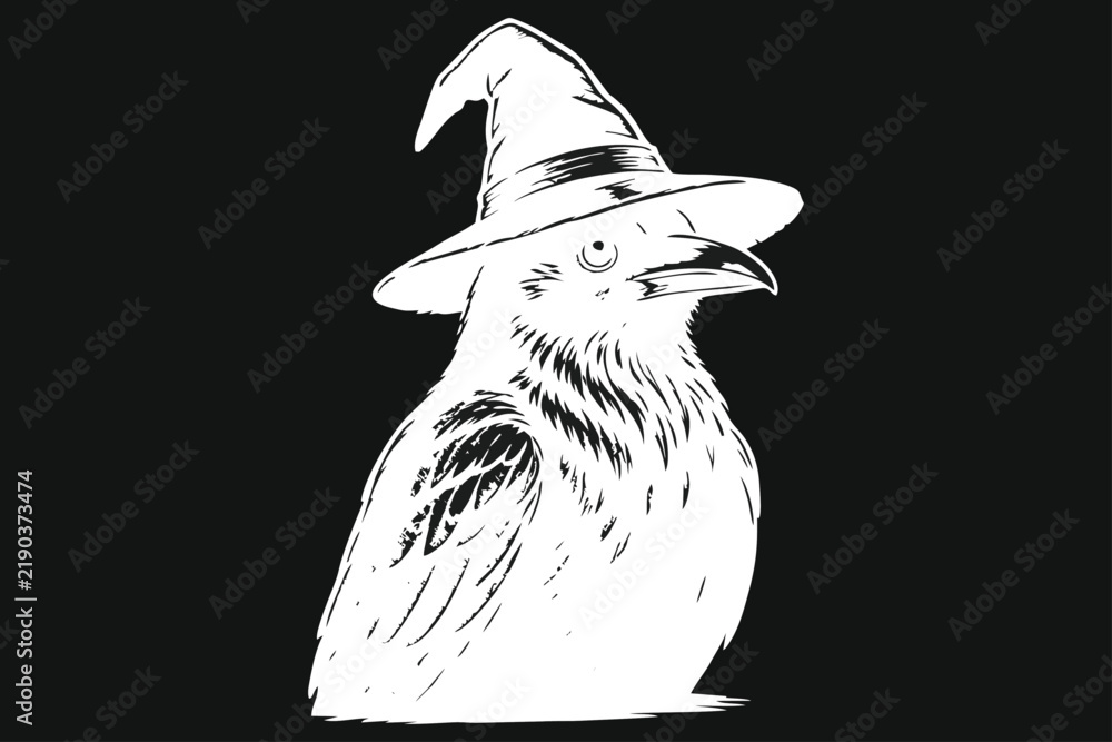Obraz premium White Raven Wearing Witch Hat Illustration on Black Background. Spooky Crow in Wizard Hat Vector Graphic Design for Halloween.