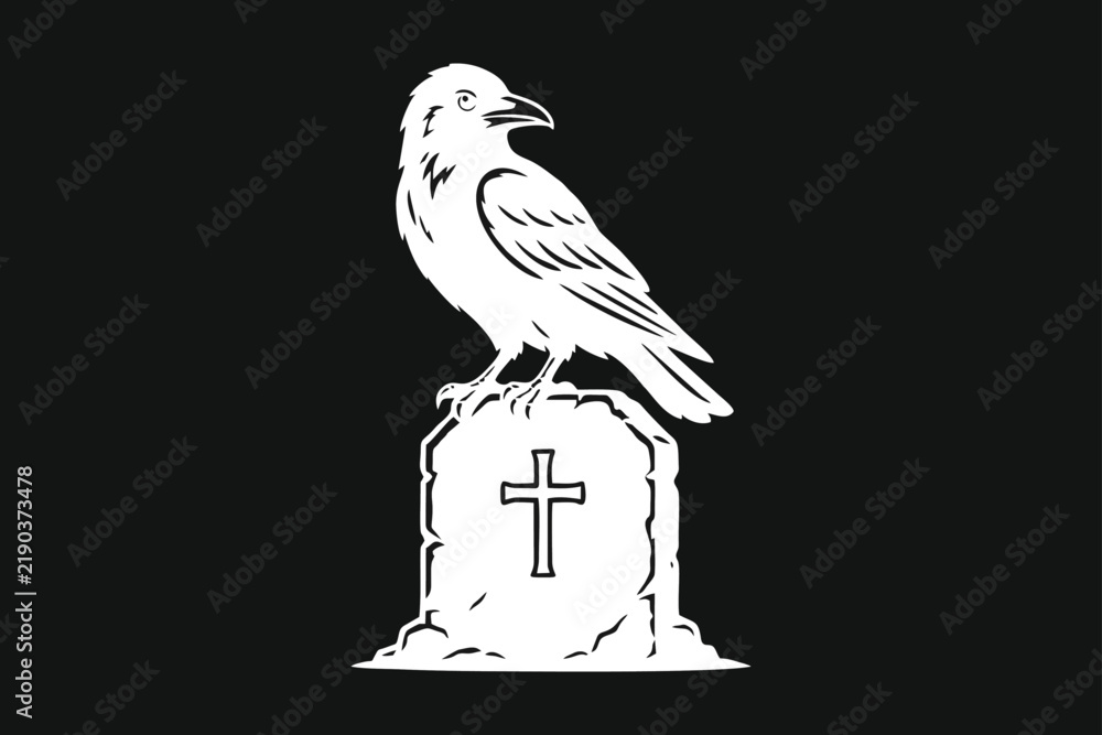 Obraz premium Raven Perched on Gravestone with Christian Cross Symbol, Black and White Graphic Illustration