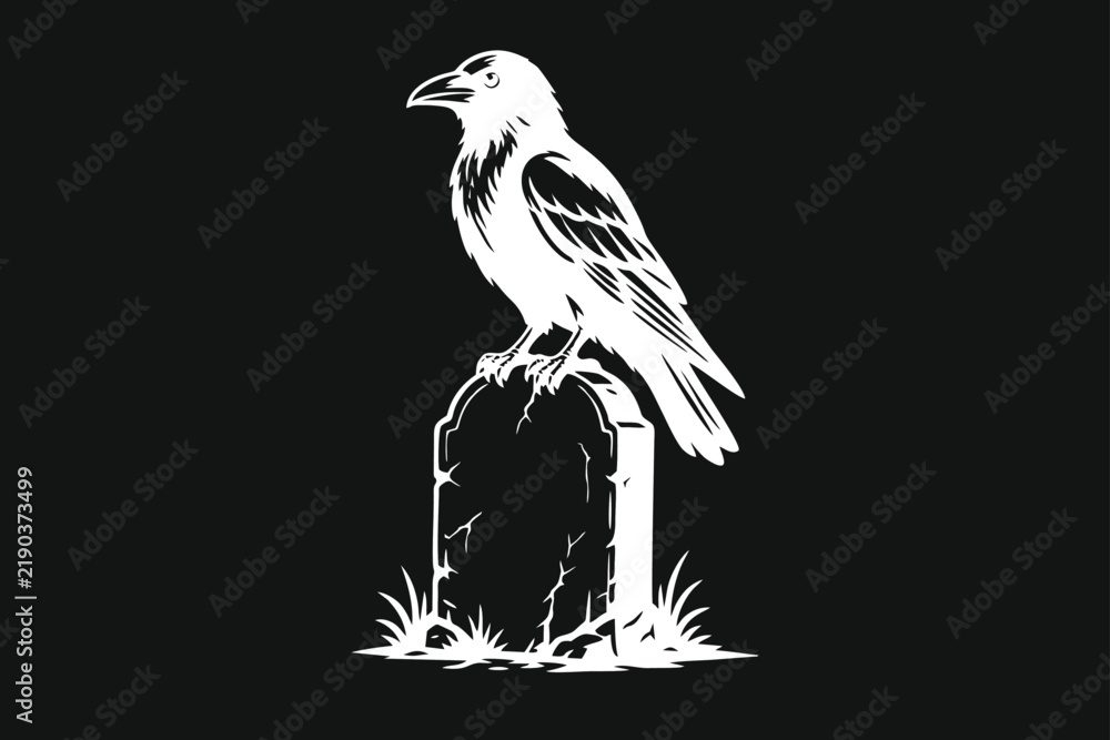 Obraz premium White Raven Perched on Tombstone Vector Illustration