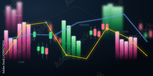 Bild auf Leinwand An abstract depiction of a financial stock market chart, showing candlesticks and trend lines in vibrant colors, representing market fluctuations and economic data analysis
