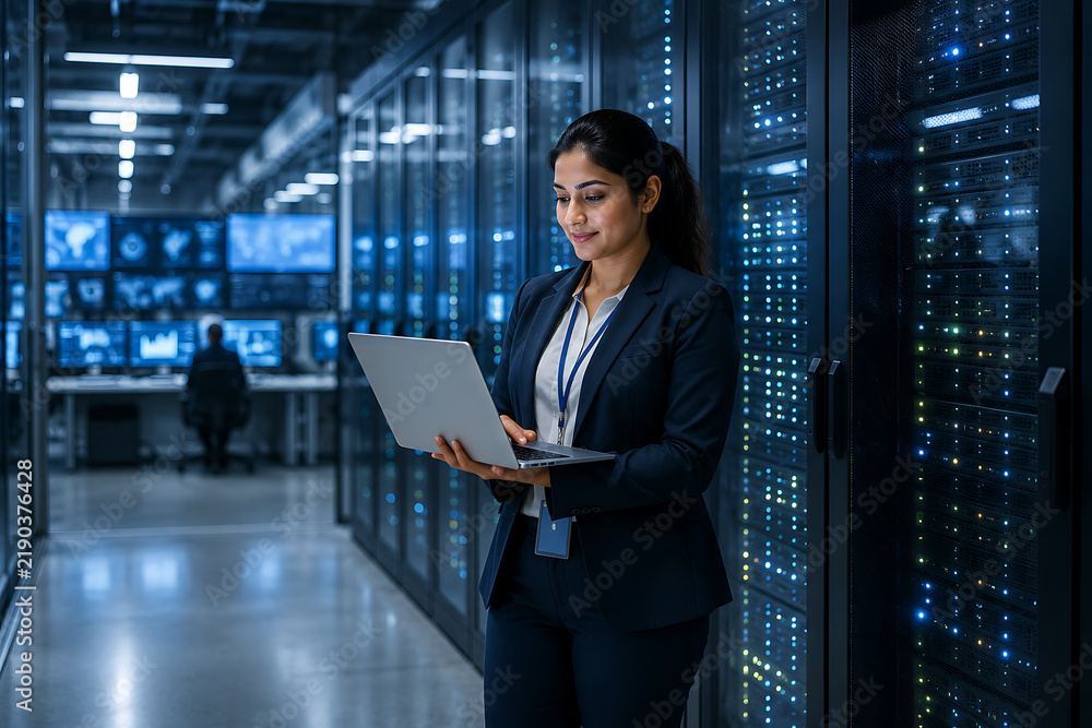Fototapeta premium Woman with laptop stands in a server room with blinking lights and monitors