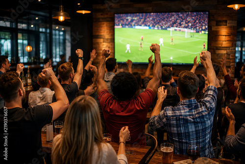 Crowd celebrates a soccer match on a large screen in a dimly lit pub