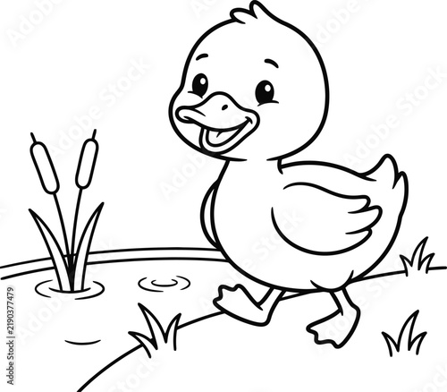 Bild auf Leinwand Cute baby duck coloring page for kids, cartoon duckling walking by a pond with c