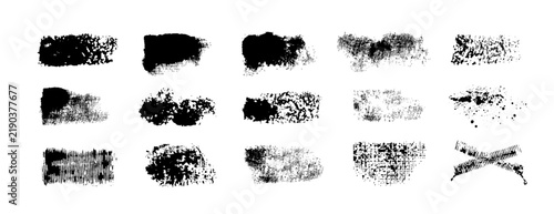 Black grunge ink textures and distressed brush stroke shapes vector elements set