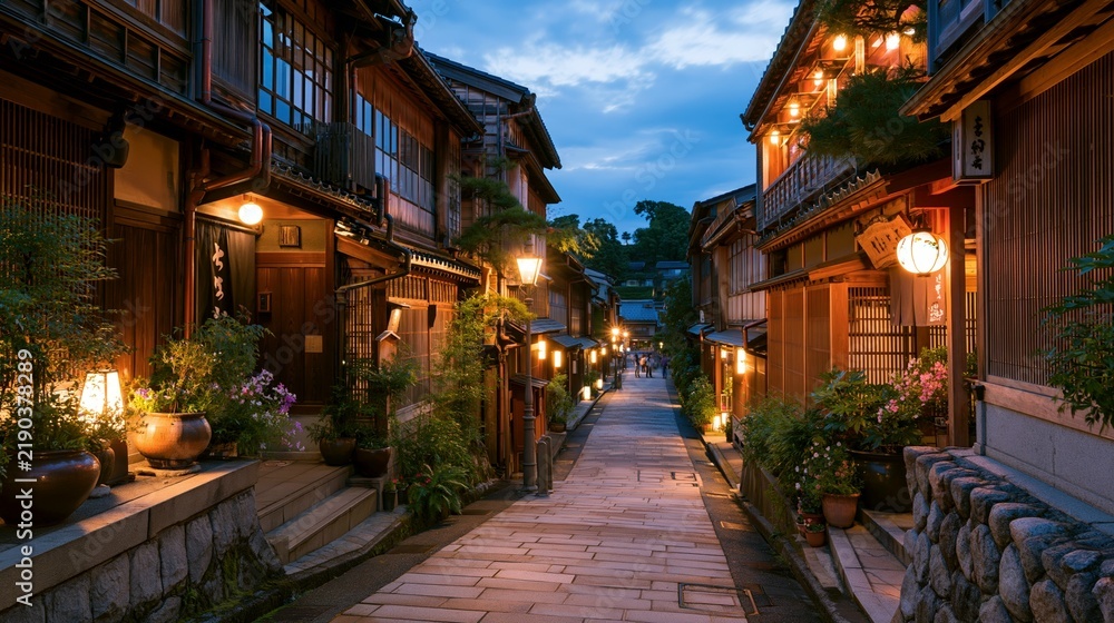 Fototapeta premium a traditional Japanesestyle alleyway at dusk. The alley is lined with wooden buildings, each adorned with hanging lanterns and potted plants, creating a warm, inviting ambiance.
