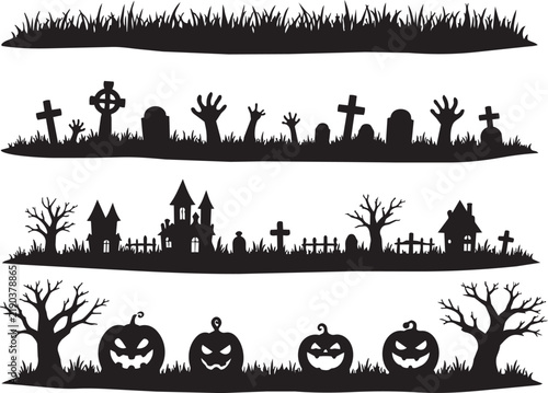 Set of spooky Halloween silhouette borders featuring graveyards haunted houses and jack-o-lanterns perfect for seasonal designs and decorations