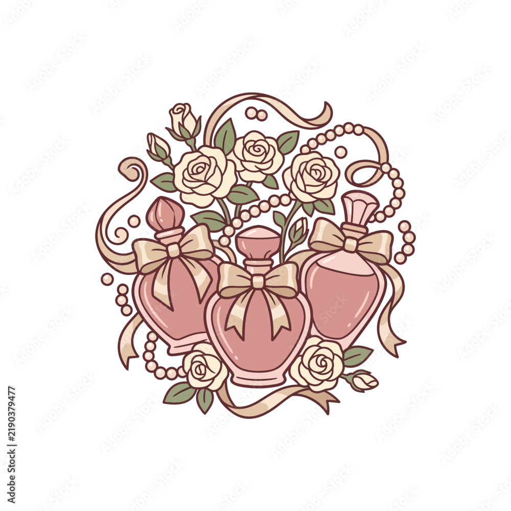 Fototapeta premium Vintage style illustration of perfume bottles decorated with roses and ribbons.
