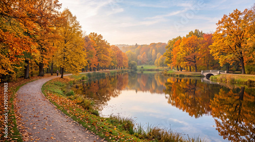 Autumn park river reflection photo travel tourism marketing