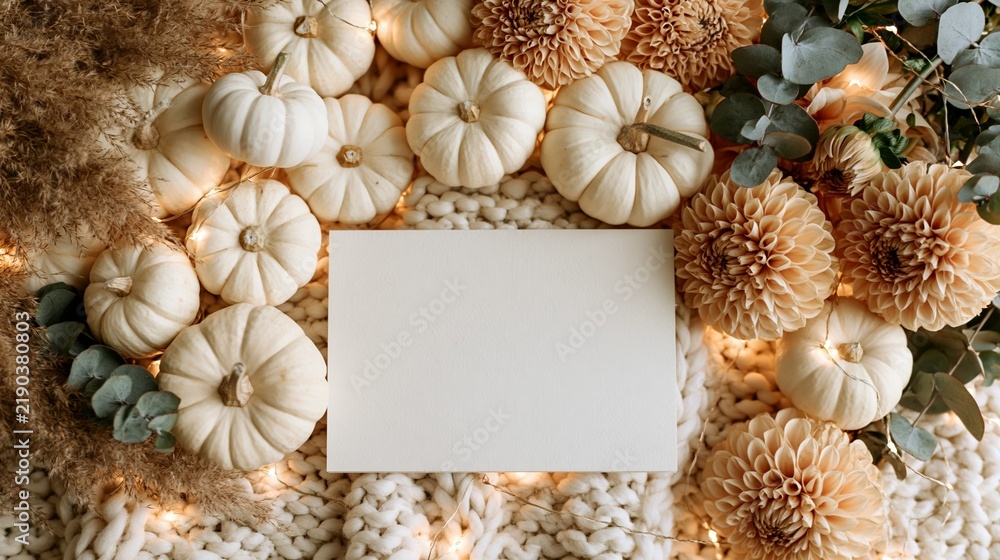 Obraz premium a collection of white pumpkins, dahlias, and eucalyptus leaves arranged on a textured, knitted blanket. The pumpkins are of varying sizes and shapes, with some being larger than others.