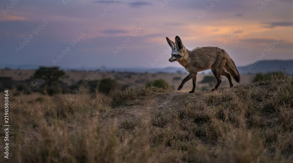 Obraz premium Bat-eared Fox in Savannah Dusk: A striking bat-eared fox, with its oversized ears, navigates the arid grasslands of the African savannah as twilight descends.