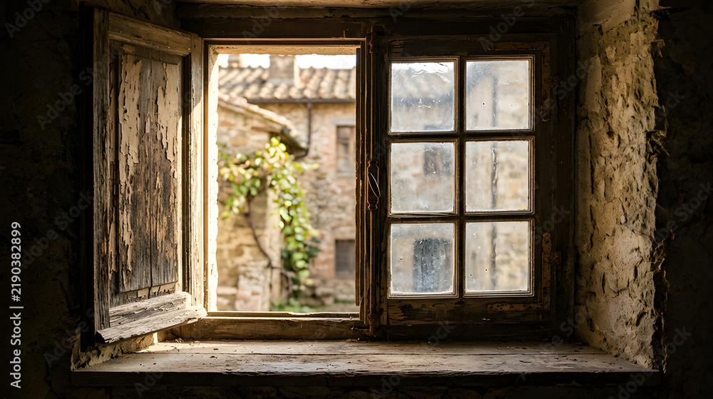 Obraz premium Abandoned window with ivy growth and peeling paint in old rustic building interior
