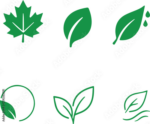 Eco Friendly Leaf Icon Set with Green Nature Symbols for Sustainable, Organic and Environmental Design