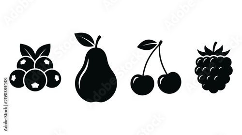 Minimalist vector illustration featuring black silhouettes of various fresh fruits isolated on a plain white background