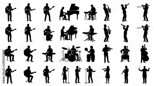 Musical ensemble silhouette collection featuring various band members performing with instruments in a clean vector style