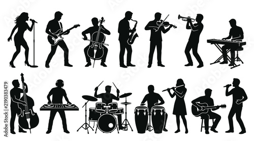 Musician silhouettes collection featuring diverse performers playing various musical instruments in a clean vector graphic design style
