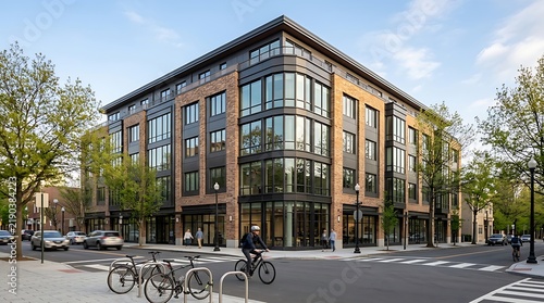 Contemporary Corner Building with Street Life and Cyclists in City Center