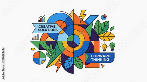 A colorful abstract graphic design featuring geometric shapes and business icons