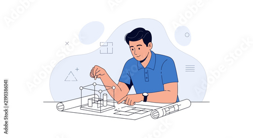 Architect or Designer Creating 3D Model and Blueprint