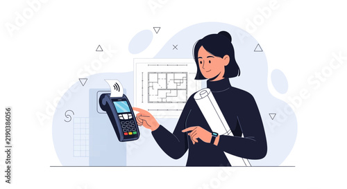 Architect or designer making contactless payment with a portable terminal, holding blueprints.