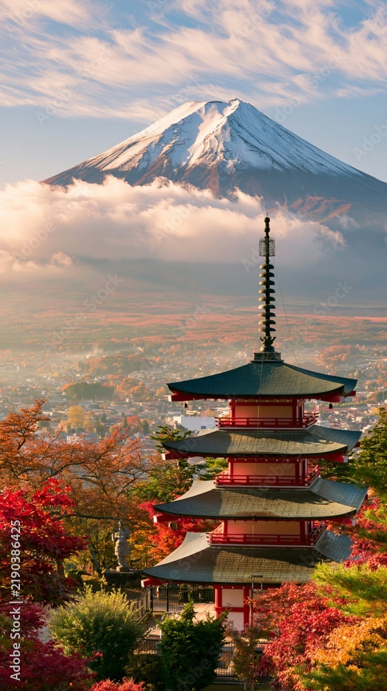 Fototapeta premium a traditional Japanese pagoda nestled amidst autumn foliage. The pagoda, with its vibrant red and green roof, stands tall against a backdrop of a snowcapped mountain.