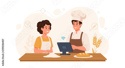 Baker and apprentice using a digital tablet for recipes and orders in a modern bakery