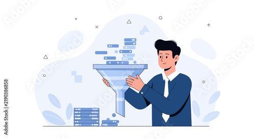 Businessman Using Funnel to Filter Data, Concept of Data Analysis, Lead Generation, and Business Process Optimization