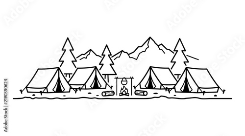 Camping Scene: Tents, Campfire, Mountains, and Trees Line Art Illustration